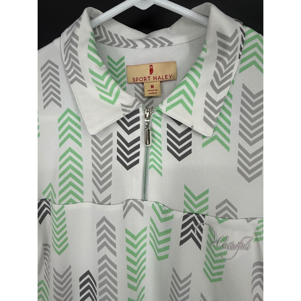 Sport Haley Golf Polo Shirt Sz M White Green Gray Arrow Print Short‎ Sleeve Zip